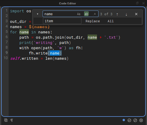 Find and replace in the code editor