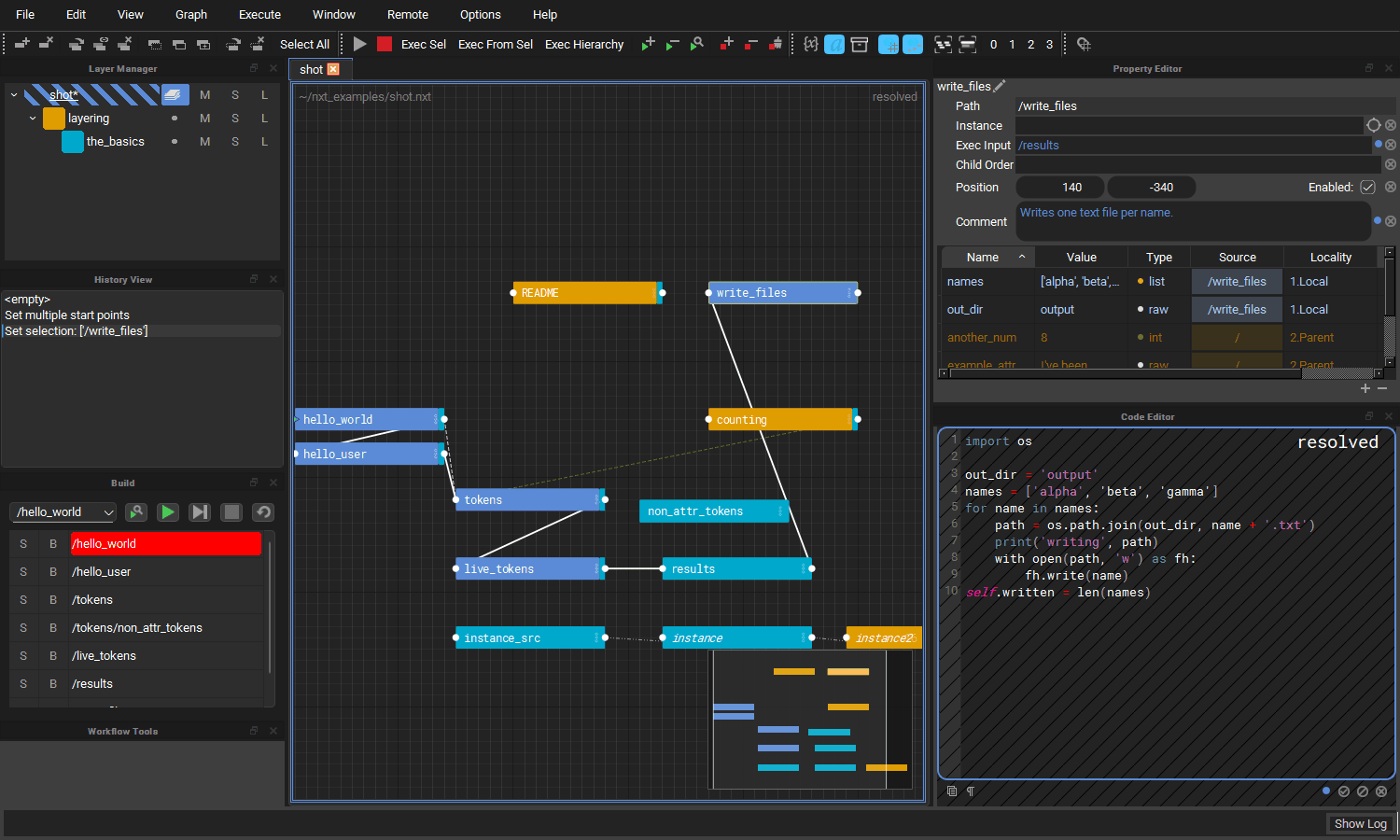 The nxt editor with the mini map in the corner of the graph
